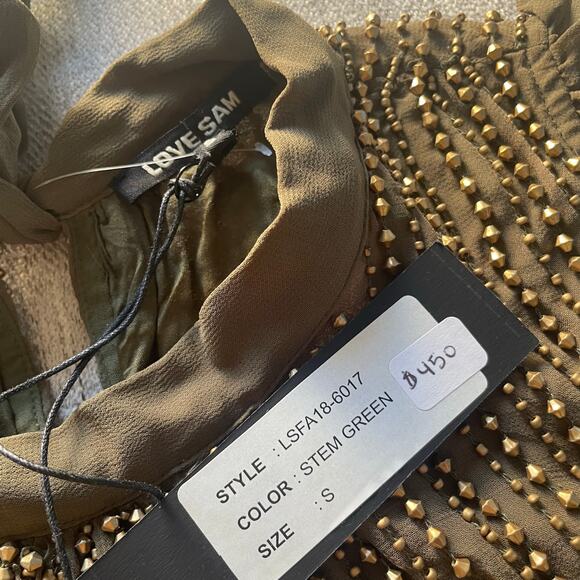 LOVE SAME Georgette Small Beaded Stem Green NWT Dress‎ Mini Sleeveless Gold Tie - Picture 3 of 7